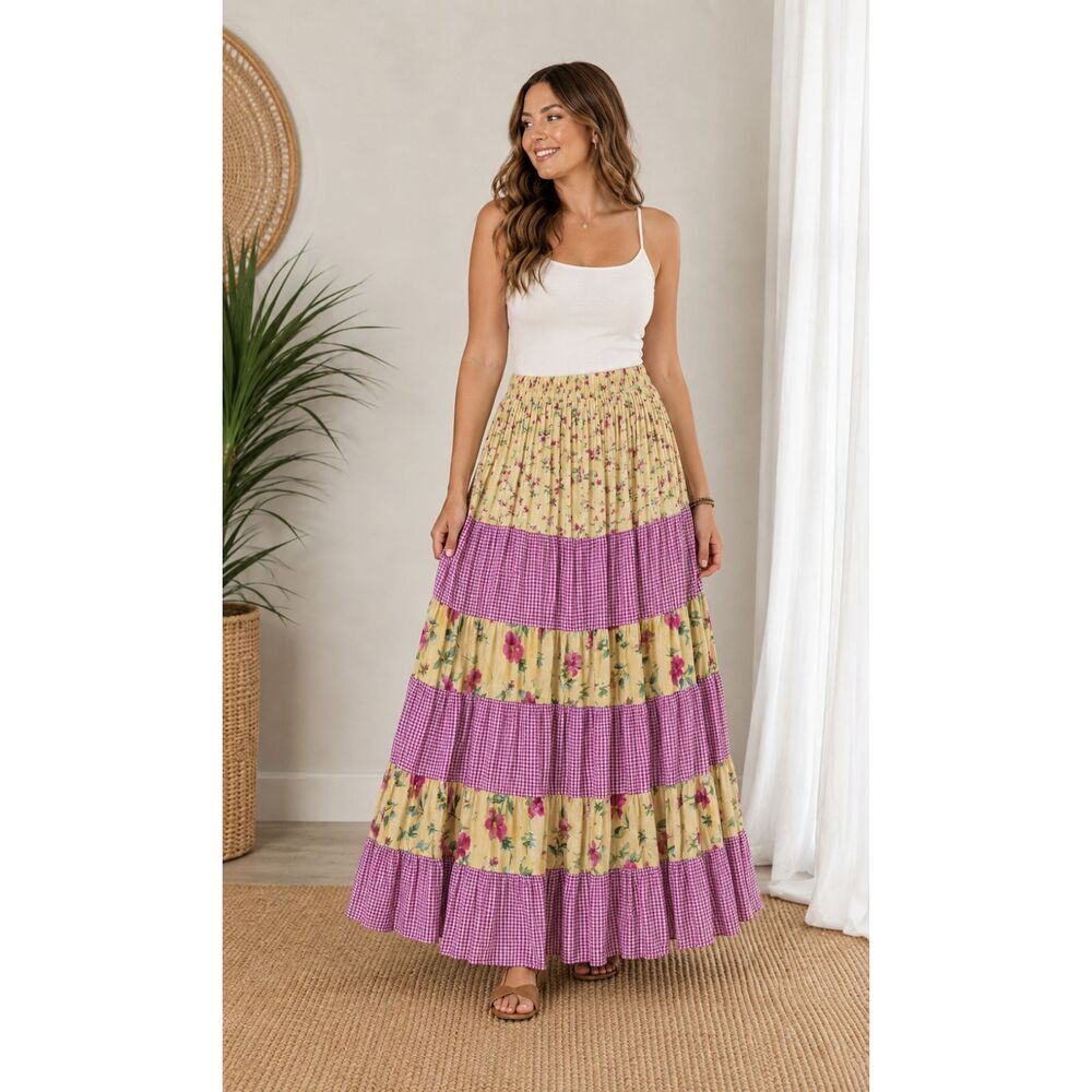 Vtg Stonebridge Petites Women L Floral Gingham Midi Maxi Skirt Cottagecore Boho